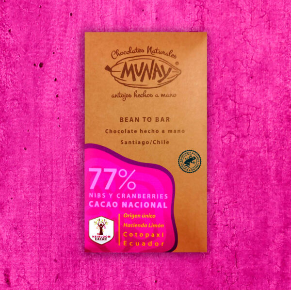 CHOCOLATE BEAN TO BAR 77% CACAO CON CRANBERRIES Y NIBS TOSTADOS